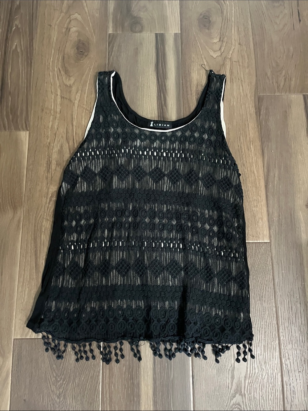 Libian Black Crochet Fringe Overlay Tank